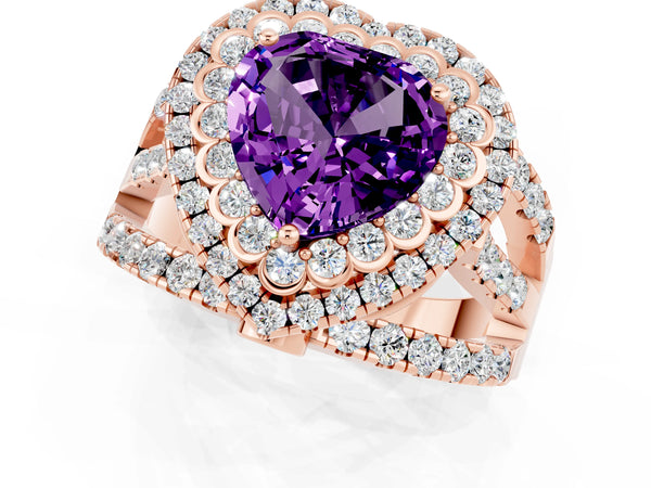Rose gold Heart Cut Amethyst Double Halo Ring with Round Pavé Split Shank and Prong Setting
