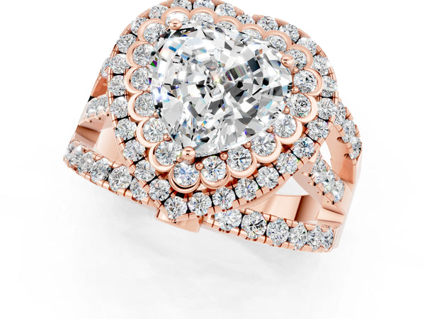 Rose gold Heart Cut Moissanite Double Halo Ring with Round Pavé Split Shank and Prong Setting