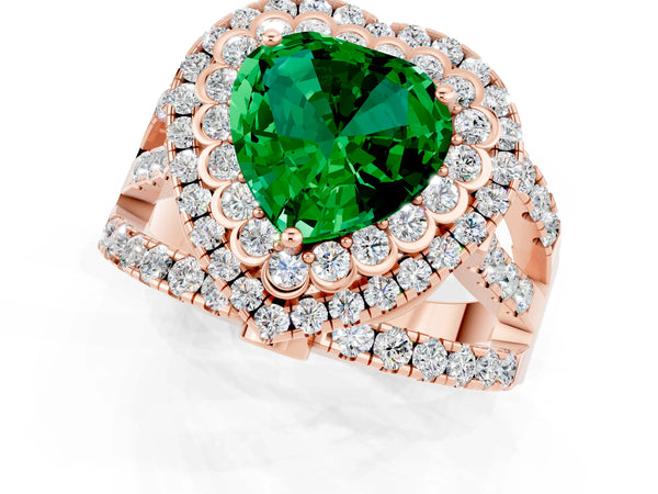 Rose gold Heart Cut Emerald Double Halo Ring with Round Pavé Split Shank and Prong Setting