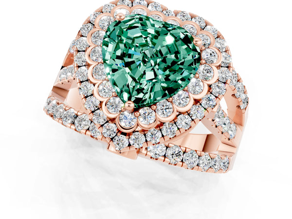Rose gold Heart Cut Green Sapphire Double Halo Ring with Round Pavé Split Shank and Prong Setting