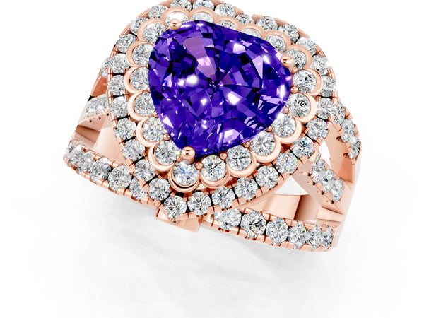 Rose gold Heart Cut Tanzanite Double Halo Ring with Round Pavé Split Shank and Prong Setting