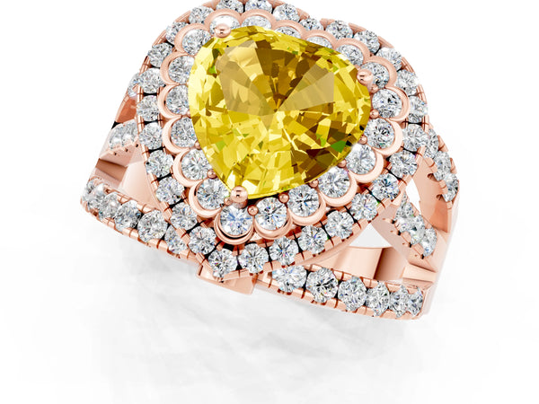 Rose gold Heart Cut Yellow Sapphire Double Halo Ring with Round Pavé Split Shank and Prong Setting