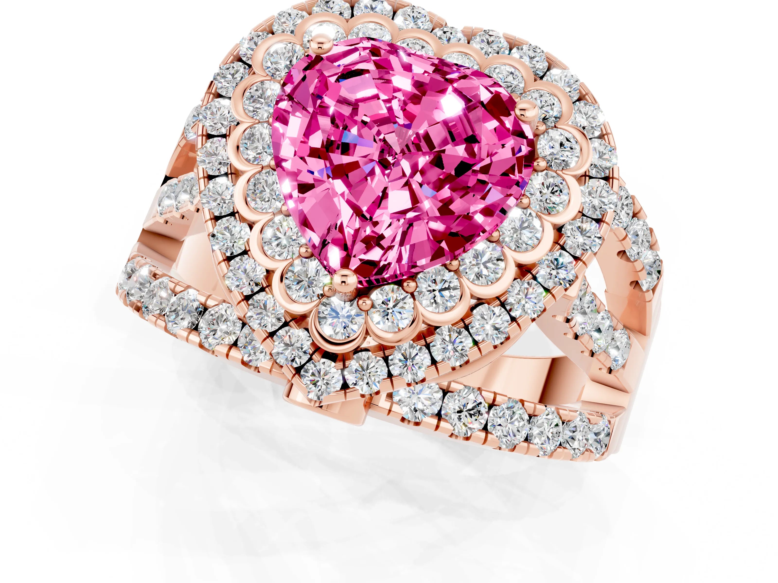 Rose gold Double Halo Heart Cut Diamond Split Shank Pave Set Ring_1