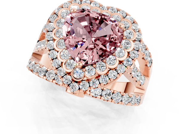 Rose gold Double Halo Heart Cut Diamond Split Shank Pave Set Ring