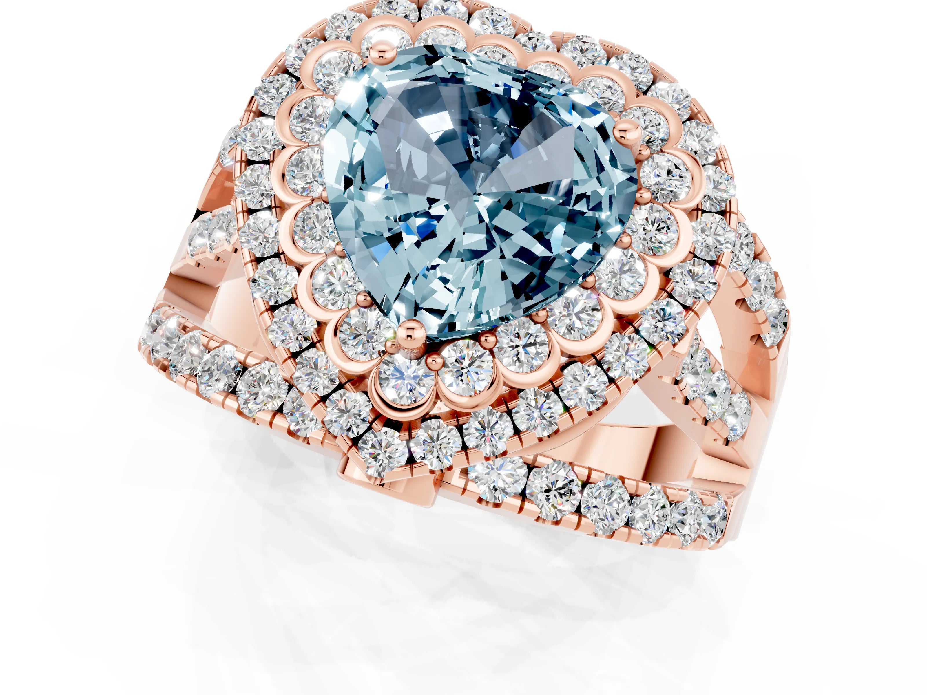Rose gold Double Halo Heart Cut Diamond Split Shank Pave Set Ring_1