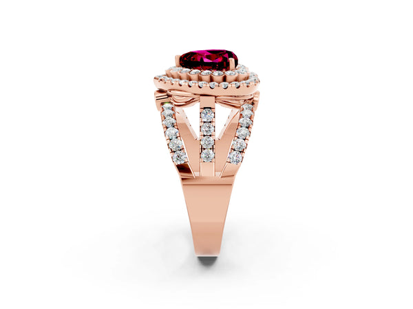 Rose gold Heart Cut Garnet Double Halo Ring with Round Pavé Split Shank and Prong Setting