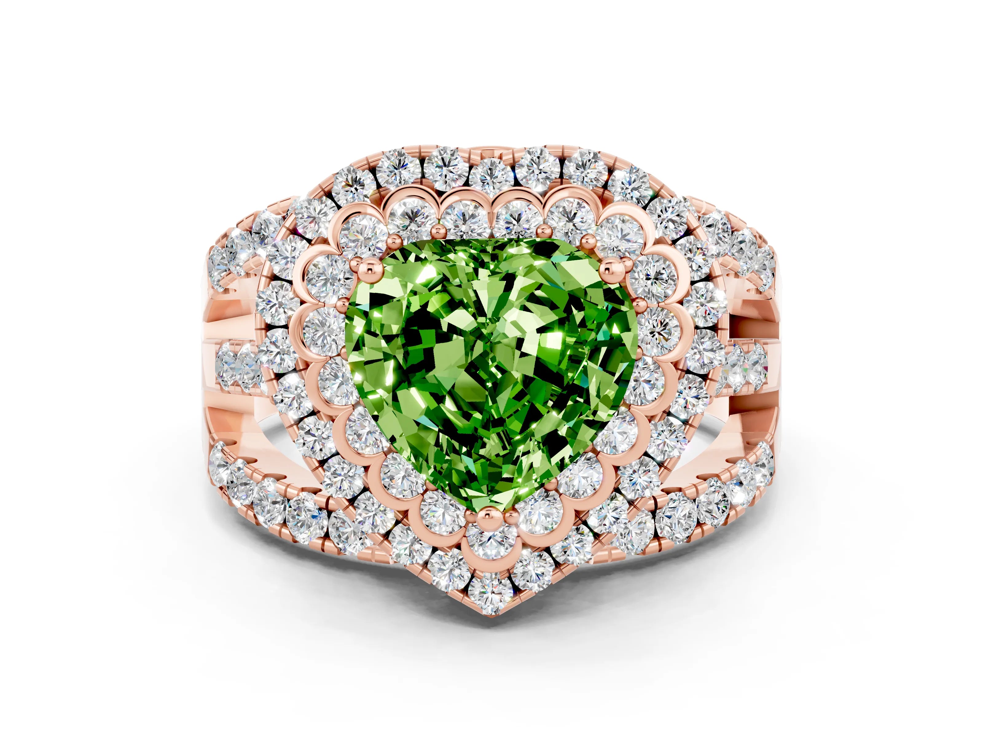 Rose gold Double Halo Heart Cut Diamond Split Shank Pave Set Ring