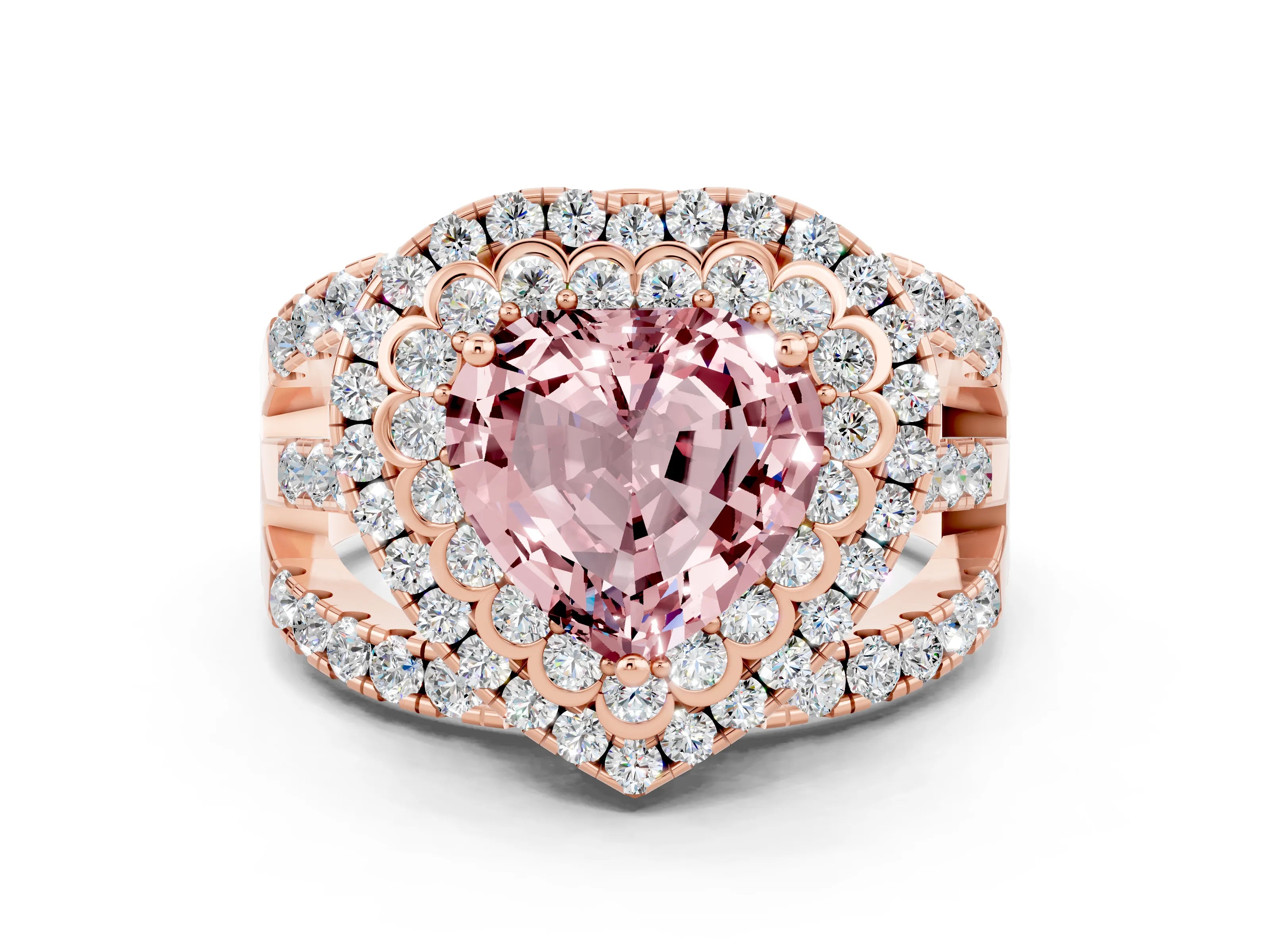 Rose gold Double Halo Heart Cut Diamond Split Shank Pave Set Ring