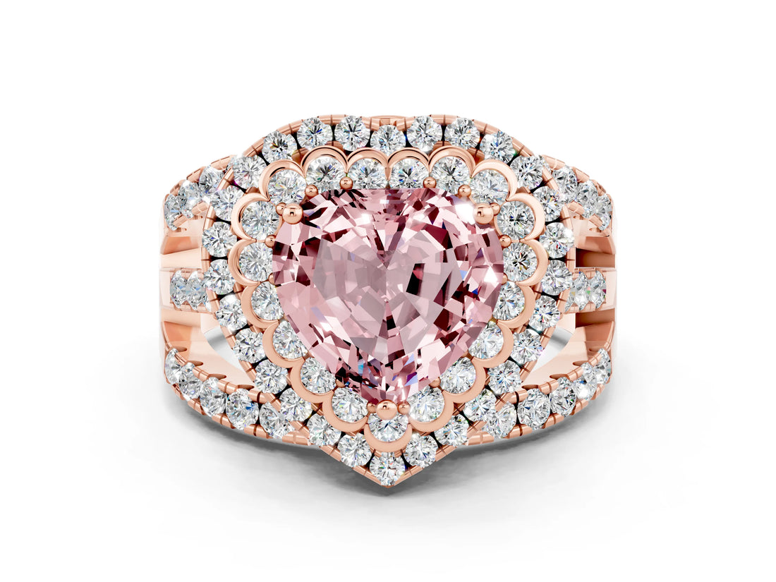 Rose gold Double Halo Heart Cut Diamond Split Shank Pave Set Ring