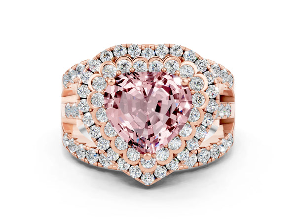 Rose gold Double Halo Heart Cut Diamond Split Shank Pave Set Ring