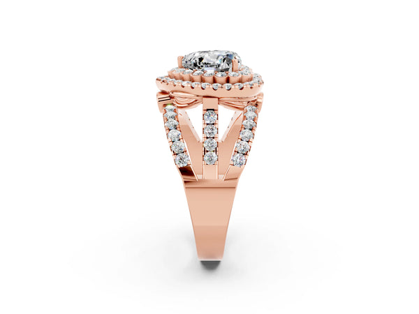 Rose gold Heart Cut Moissanite Double Halo Ring with Round Pavé Split Shank and Prong Setting
