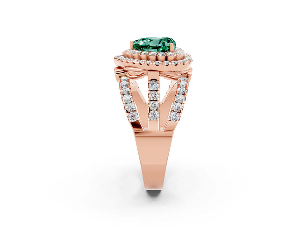 Rose gold Heart Cut Green Sapphire Double Halo Ring with Round Pavé Split Shank and Prong Setting