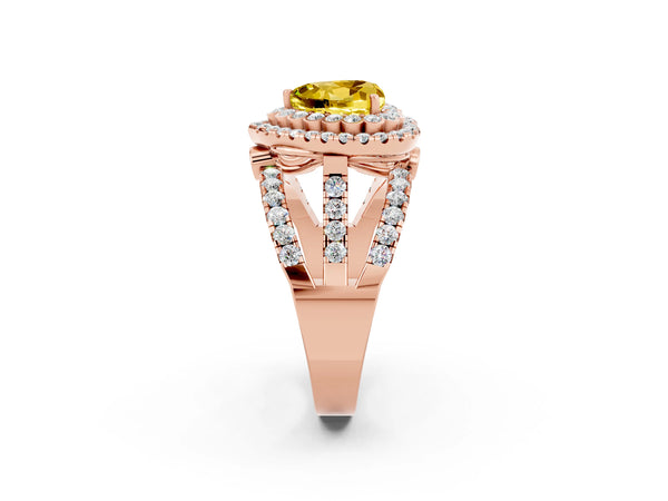 Rose gold Heart Cut Yellow Sapphire Double Halo Ring with Round Pavé Split Shank and Prong Setting