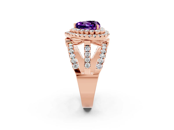 Rose gold Heart Cut Amethyst Double Halo Ring with Round Pavé Split Shank and Prong Setting