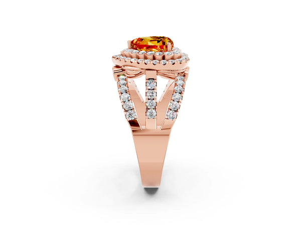 Rose gold Heart Cut Citrine Double Halo Ring with Round Pavé Split Shank and Prong Setting