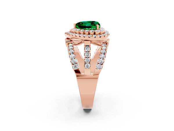 Rose gold Heart Cut Emerald Double Halo Ring with Round Pavé Split Shank and Prong Setting
