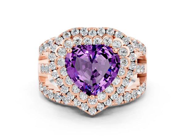Rose gold Heart Cut Amethyst Double Halo Ring with Round Pavé Split Shank and Prong Setting