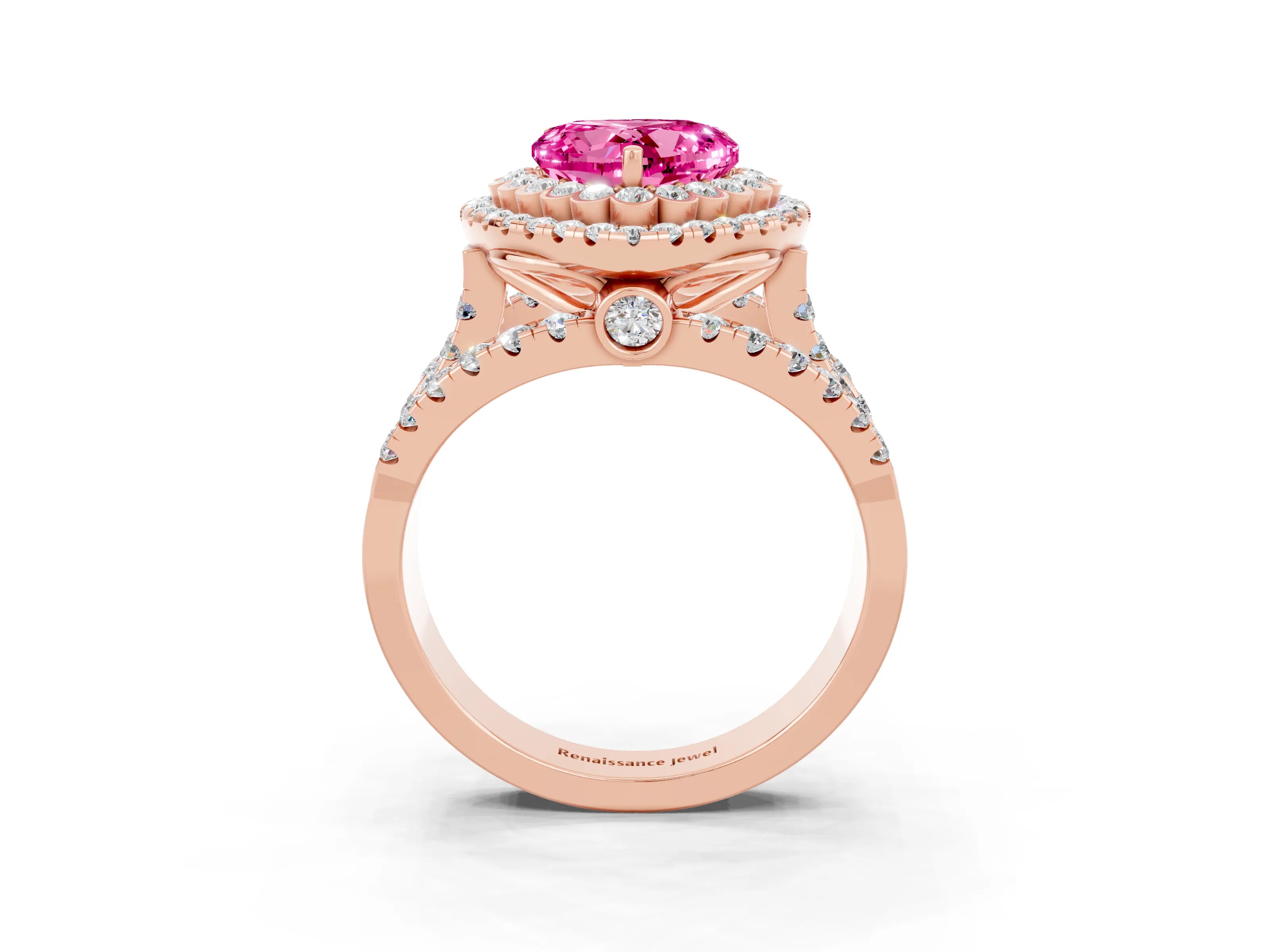 Rose gold Double Halo Heart Cut Diamond Split Shank Pave Set Ring_3