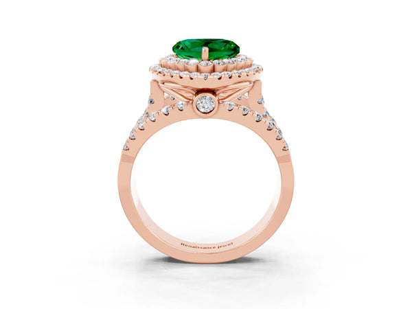 Rose gold Heart Cut Emerald Double Halo Ring with Round Pavé Split Shank and Prong Setting