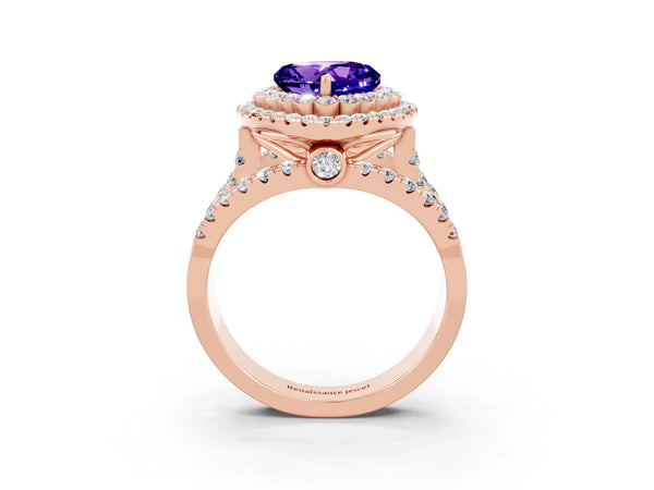 Rose gold Heart Cut Tanzanite Double Halo Ring with Round Pavé Split Shank and Prong Setting
