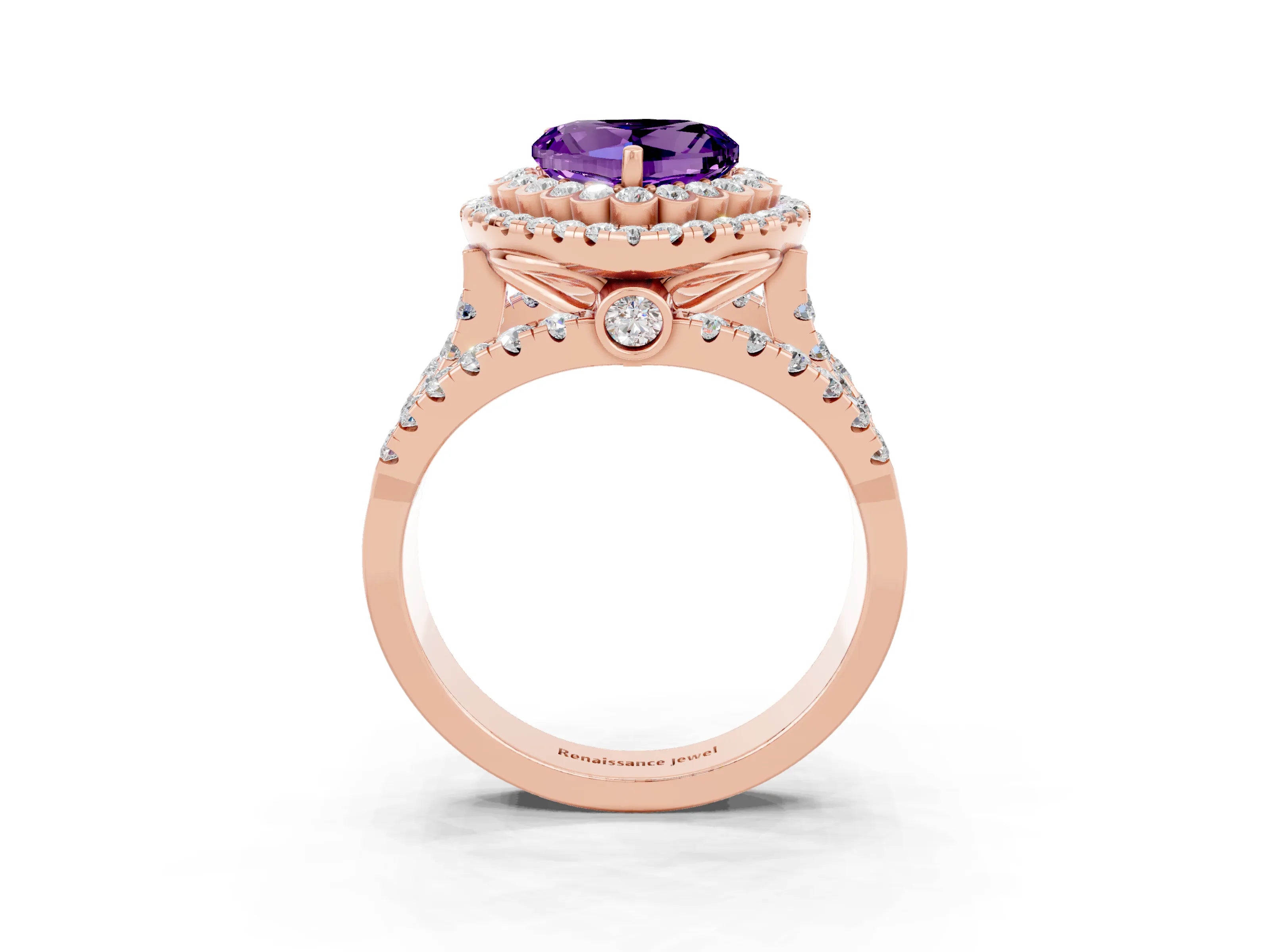 Rose gold Double Halo Heart Cut Diamond Split Shank Pave Set Ring_3