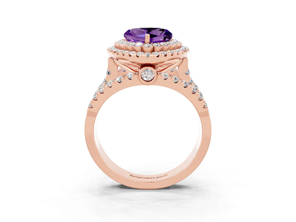 Rose gold Heart Cut Amethyst Double Halo Ring with Round Pavé Split Shank and Prong Setting