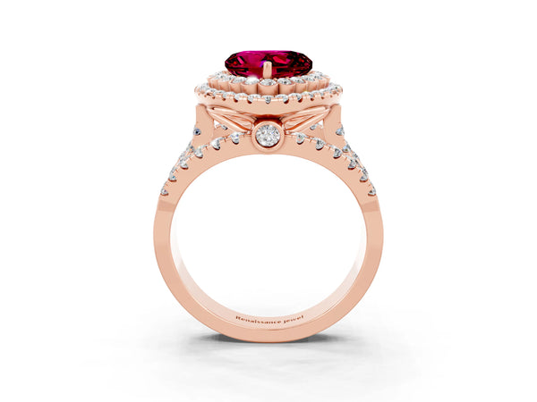 Rose gold Heart Cut Garnet Double Halo Ring with Round Pavé Split Shank and Prong Setting