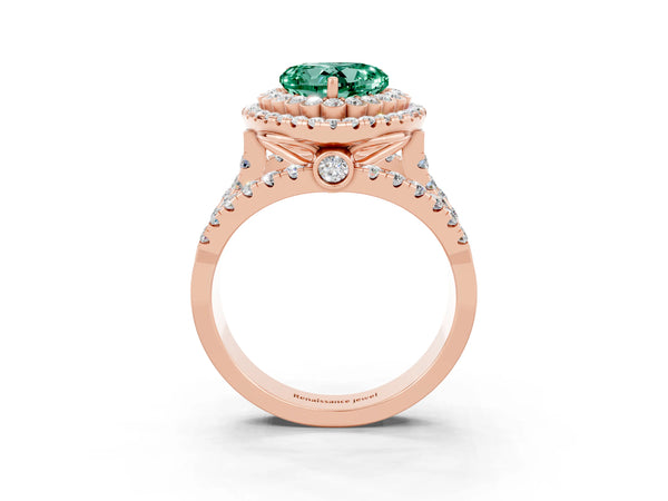 Rose gold Heart Cut Green Sapphire Double Halo Ring with Round Pavé Split Shank and Prong Setting