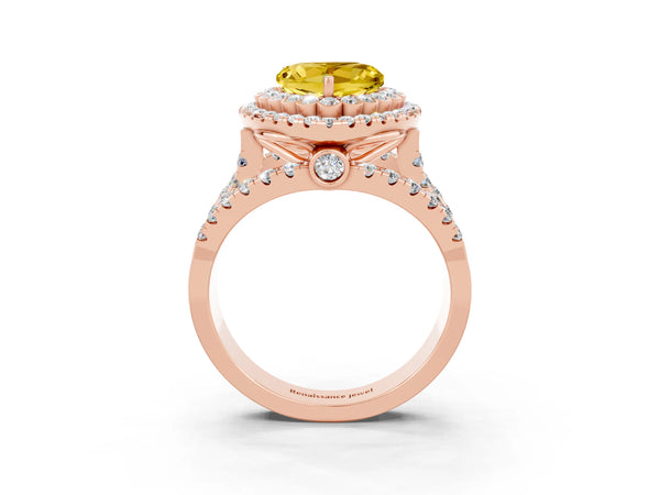 Rose gold Heart Cut Yellow Sapphire Double Halo Ring with Round Pavé Split Shank and Prong Setting