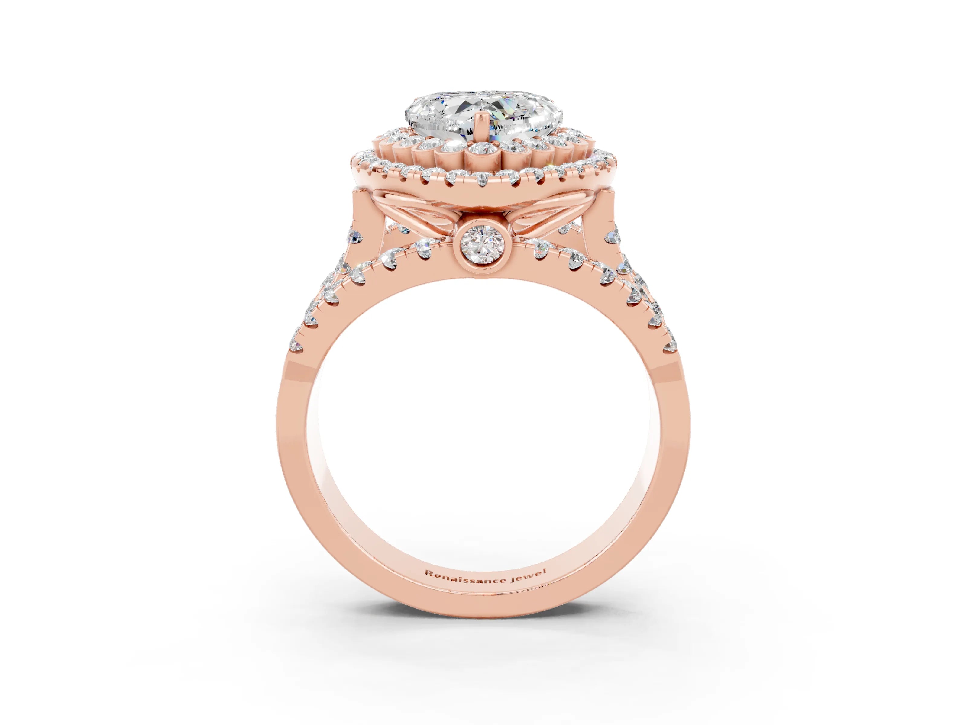 Rose gold Double Halo Heart Cut Diamond Split Shank Pave Set Ring_3