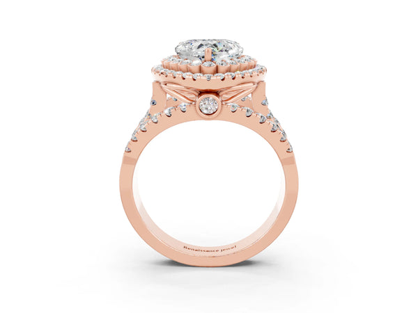 Rose gold Heart Cut Moissanite Double Halo Ring with Round Pavé Split Shank and Prong Setting