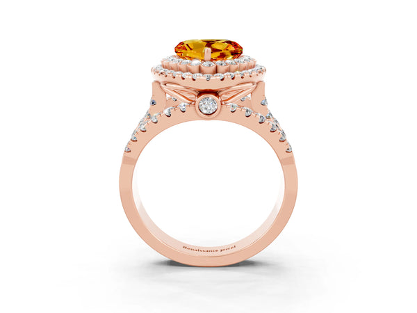 Rose gold Heart Cut Citrine Double Halo Ring with Round Pavé Split Shank and Prong Setting