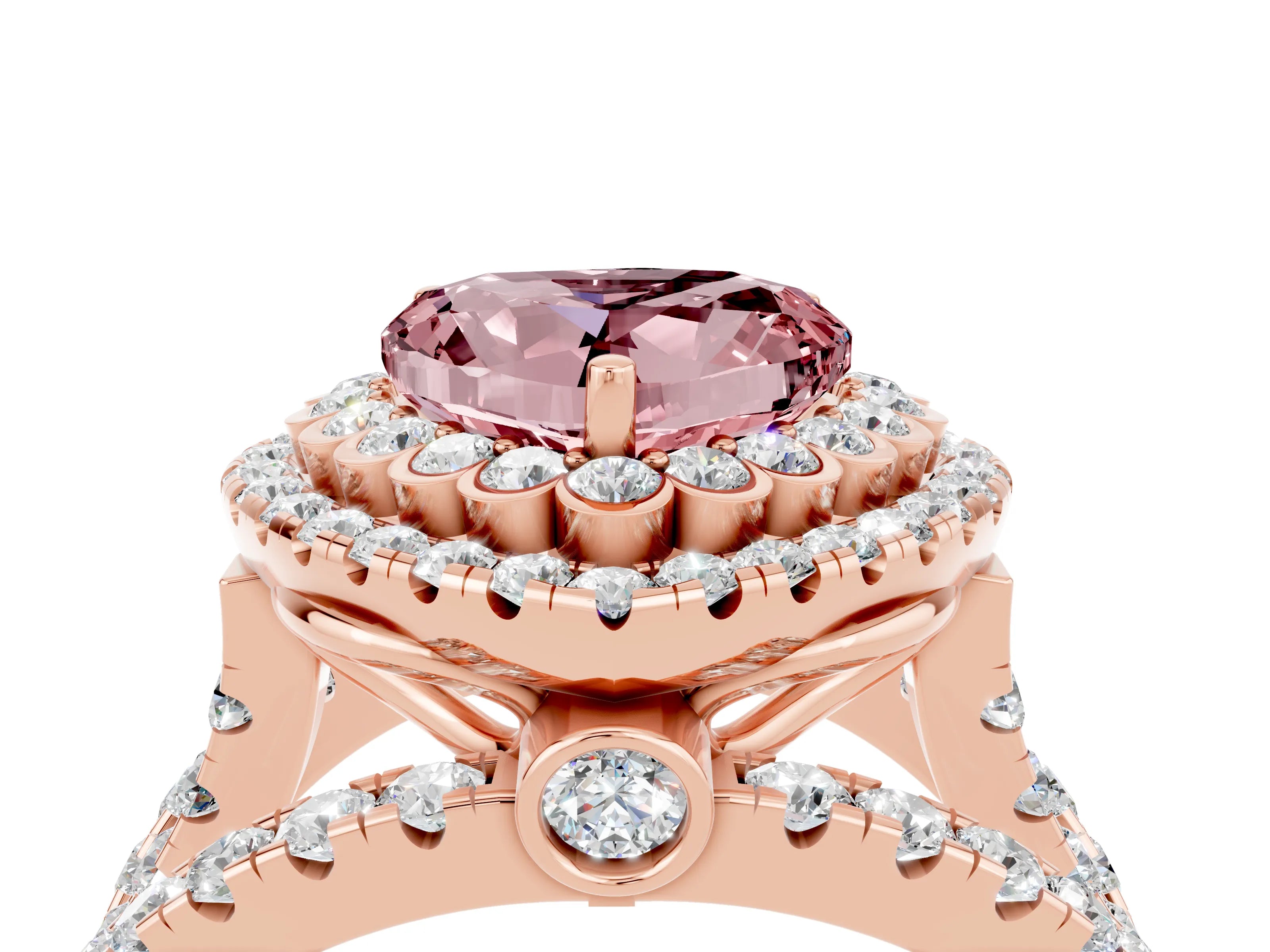 Rose gold Double Halo Heart Cut Diamond Split Shank Pave Set Ring_4