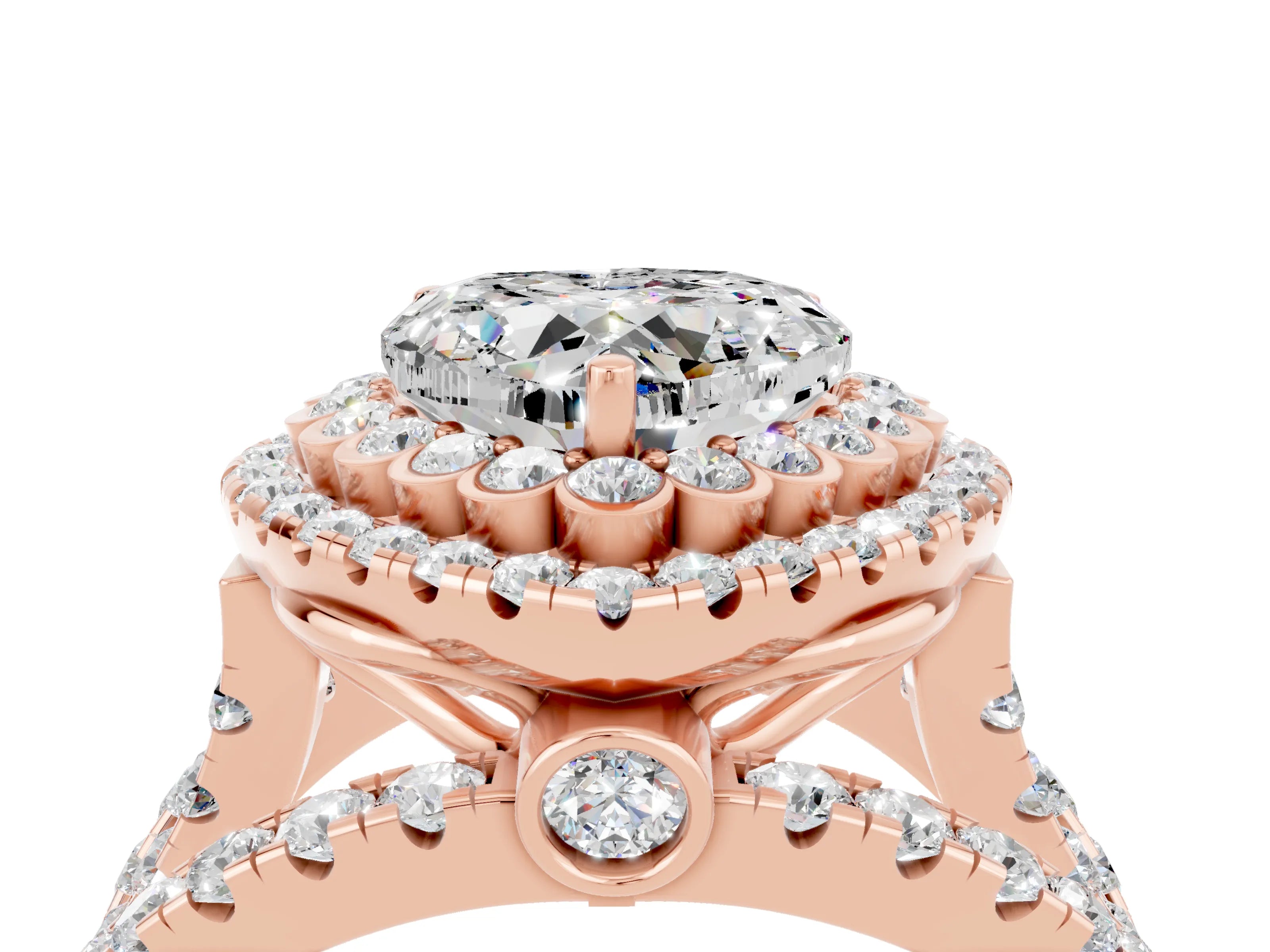 Rose gold Double Halo Heart Cut Diamond Split Shank Pave Set Ring_4