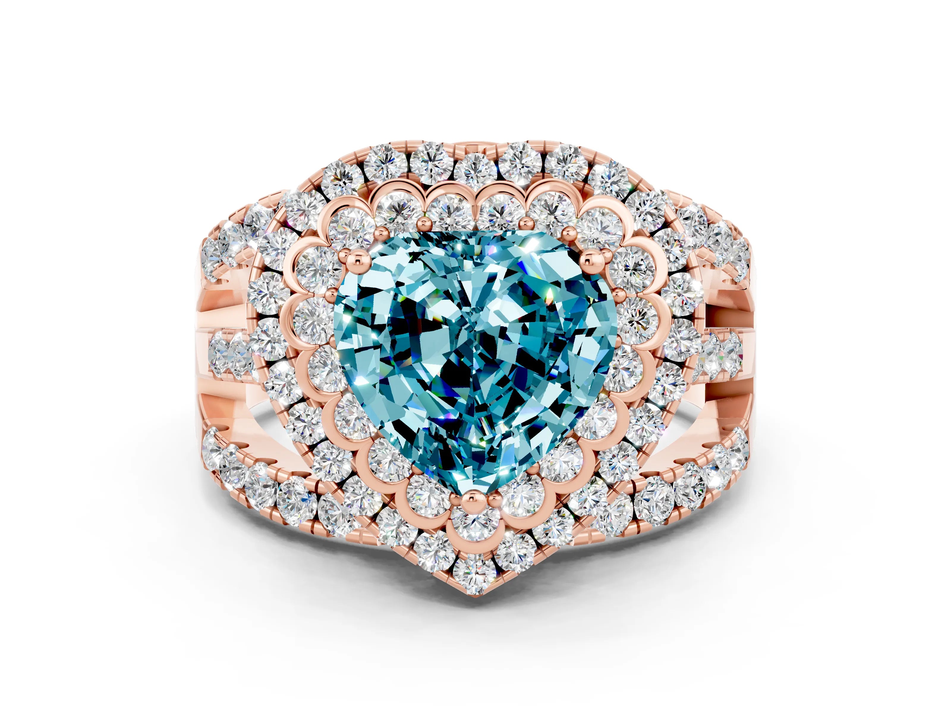 Rose gold Double Halo Heart Cut Diamond Split Shank Pave Set Ring