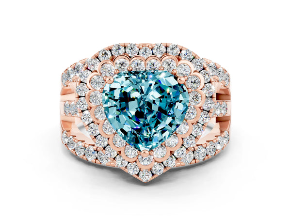 Rose gold Double Halo Heart Cut Diamond Split Shank Pave Set Ring