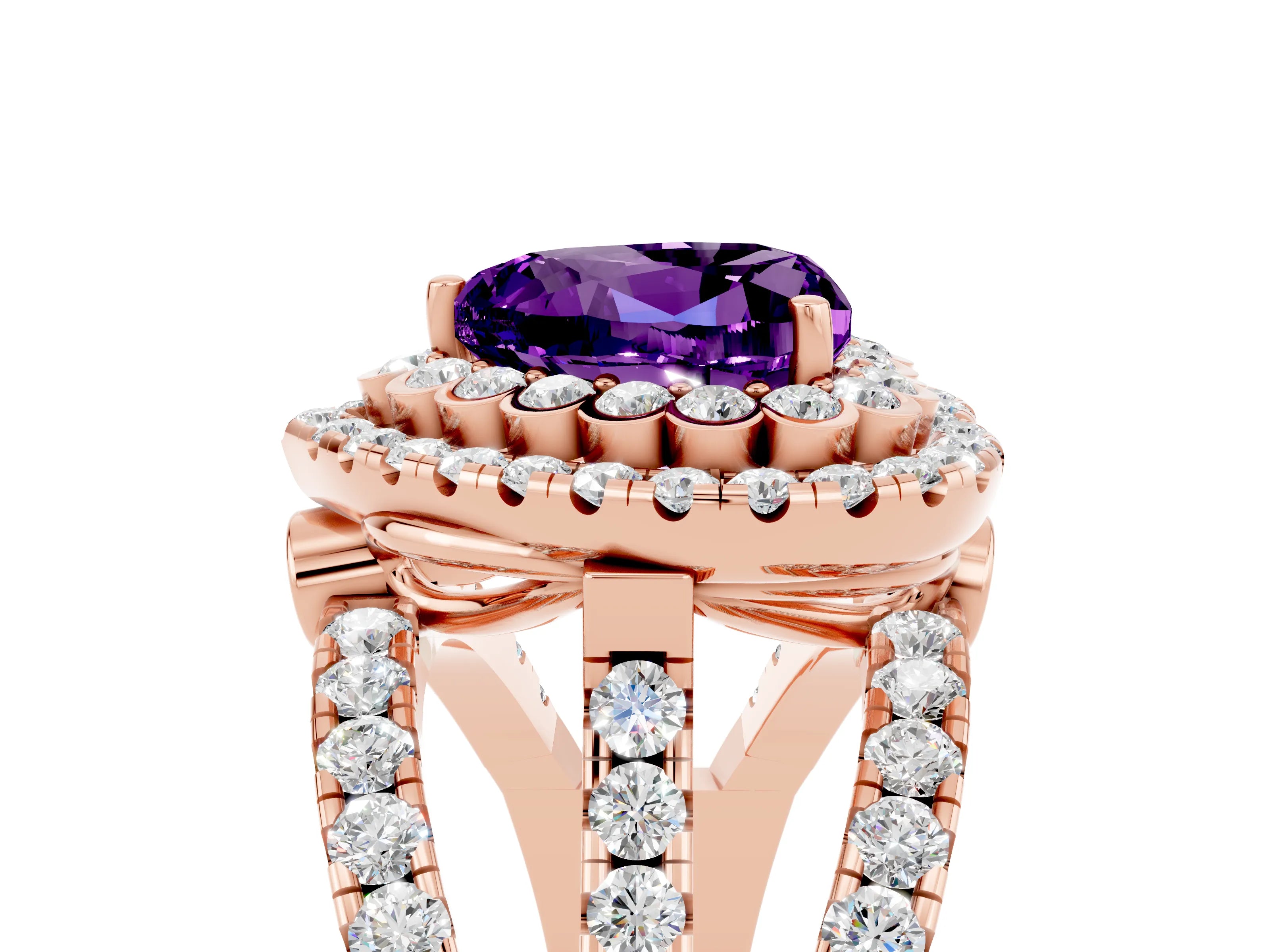 Rose gold Double Halo Heart Cut Diamond Split Shank Pave Set Ring_5