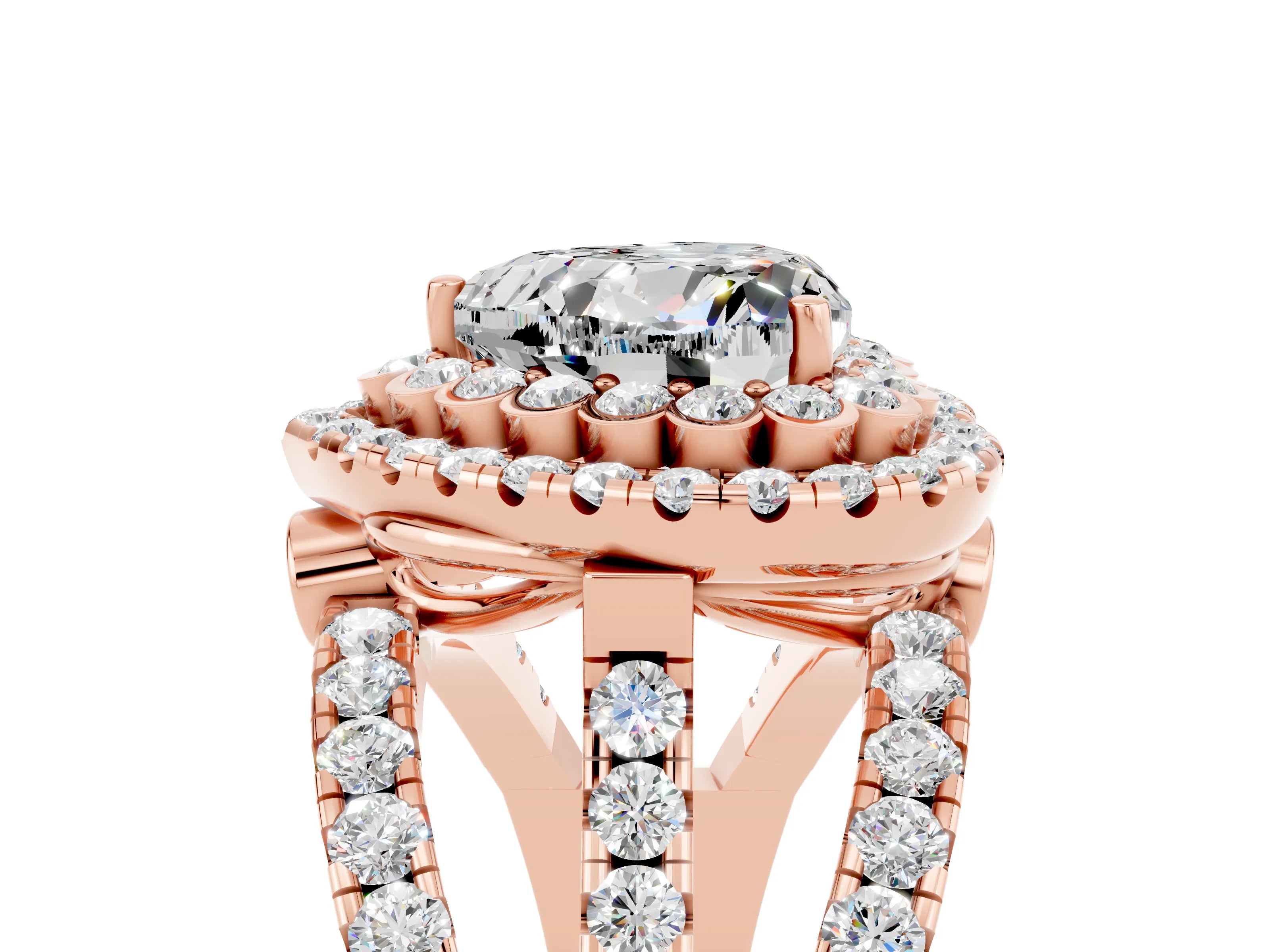 Rose gold Double Halo Heart Cut Diamond Split Shank Pave Set Ring_5