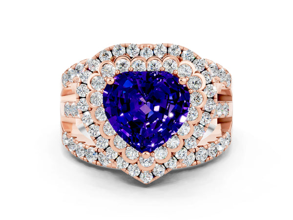 Rose gold Heart Cut Tanzanite Double Halo Ring with Round Pavé Split Shank and Prong Setting