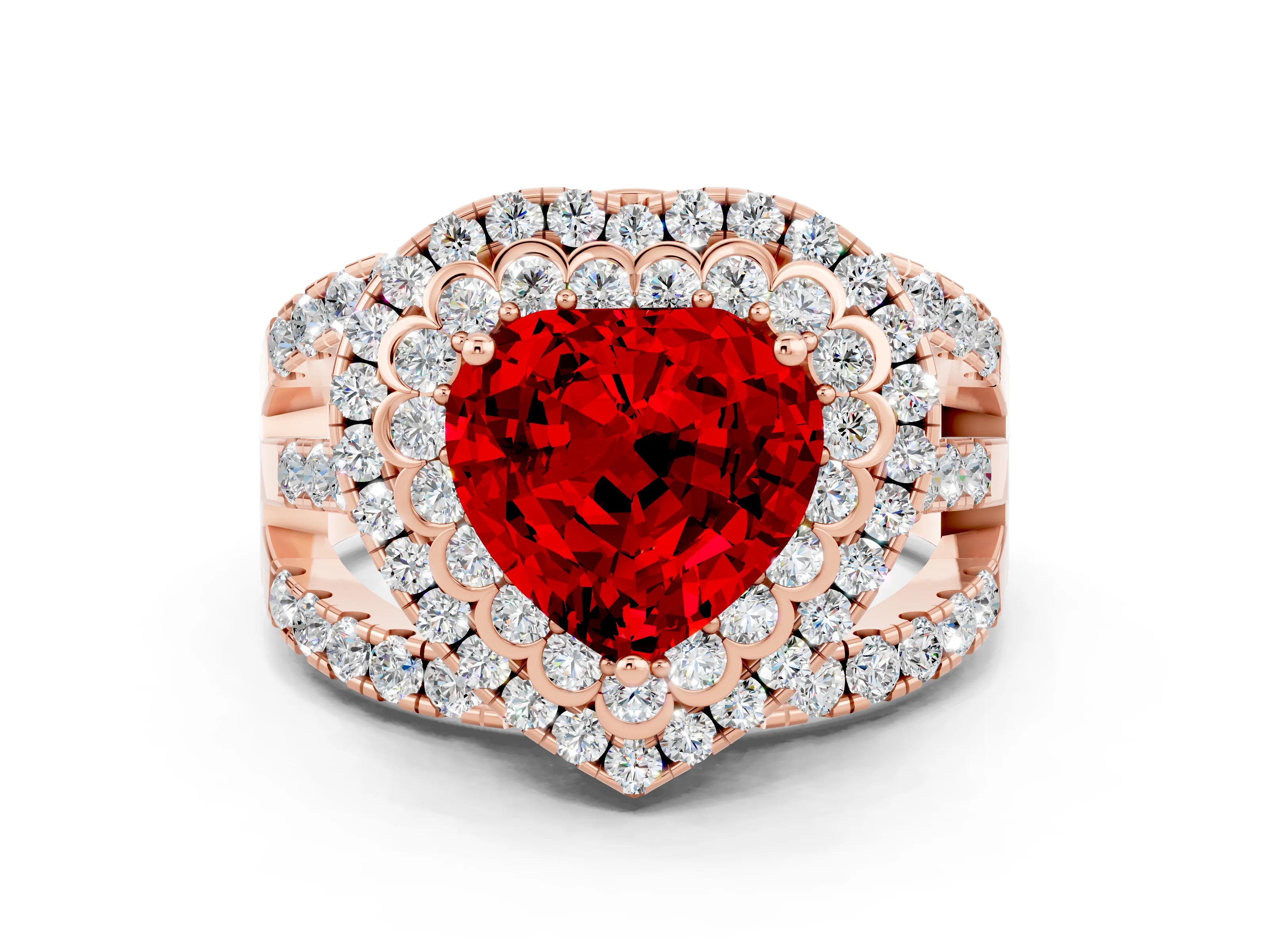 Rose gold Double Halo Heart Cut Diamond Split Shank Pave Set Ring