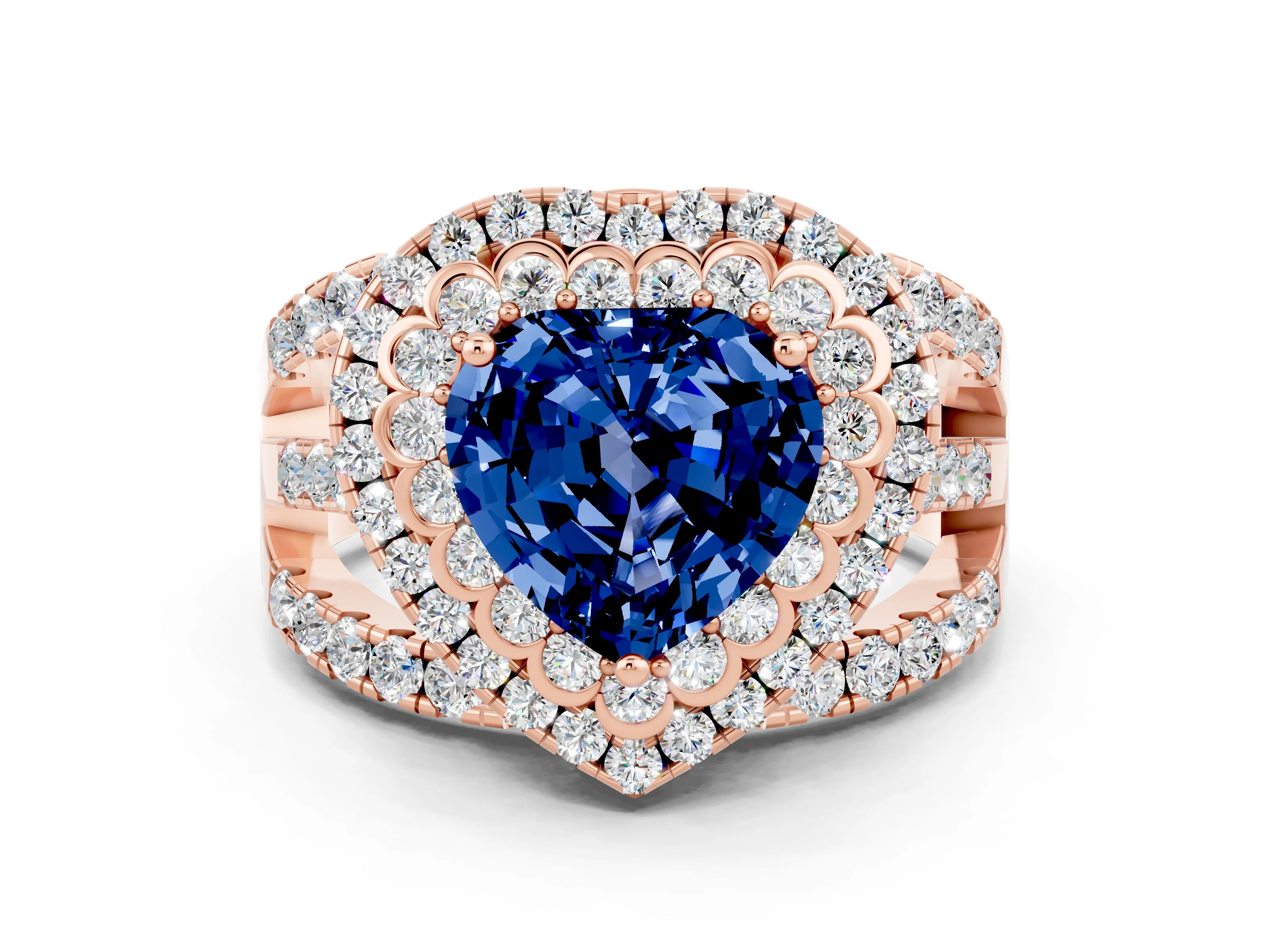 Rose gold Double Halo Heart Cut Diamond Split Shank Pave Set Ring