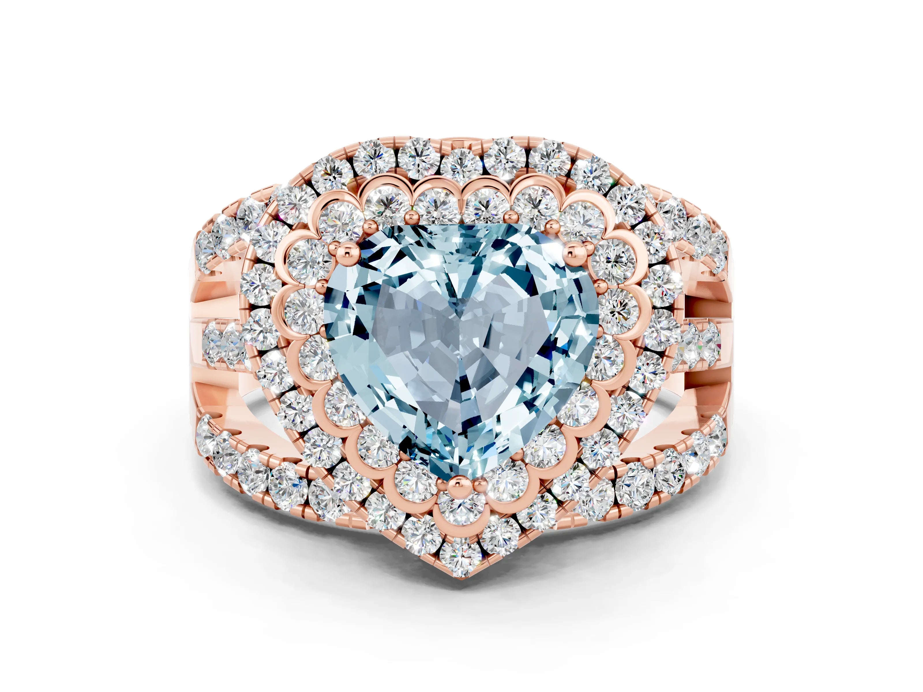 Rose gold Double Halo Heart Cut Diamond Split Shank Pave Set Ring