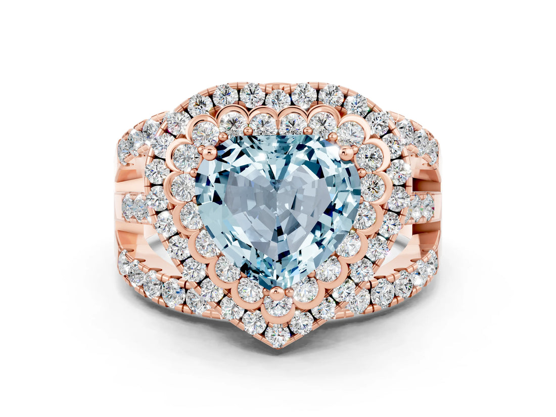 Rose gold Double Halo Heart Cut Diamond Split Shank Pave Set Ring