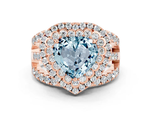 Rose gold Double Halo Heart Cut Diamond Split Shank Pave Set Ring