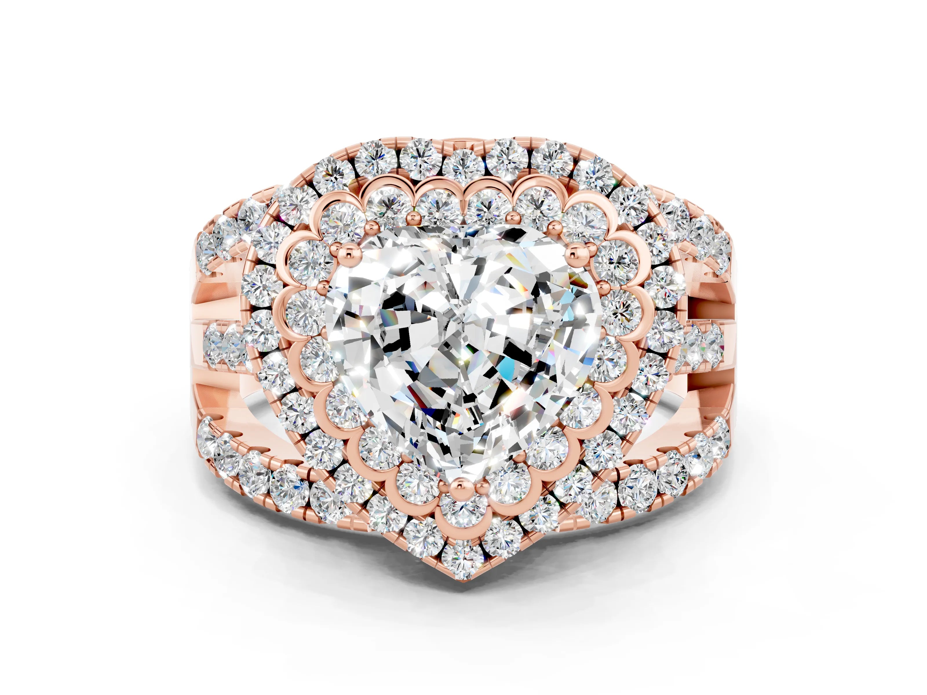 Rose gold Double Halo Heart Cut Diamond Split Shank Pave Set Ring