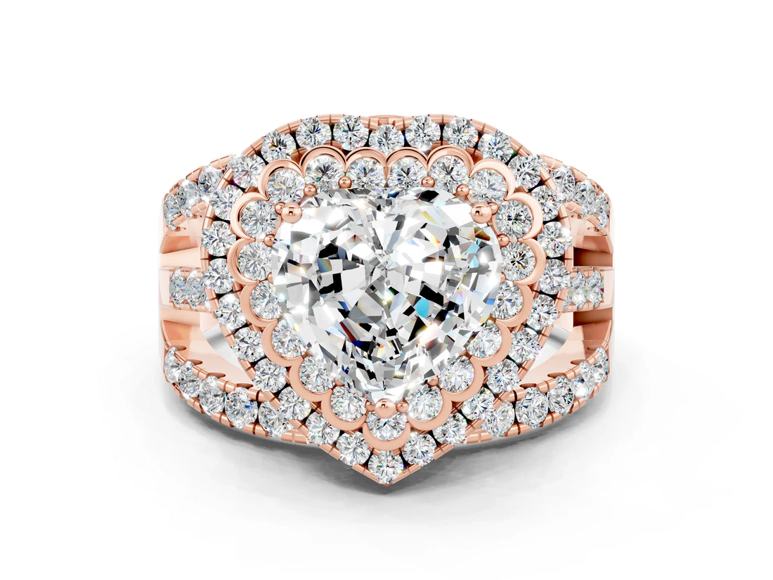 Rose gold Double Halo Heart Cut Diamond Split Shank Pave Set Ring