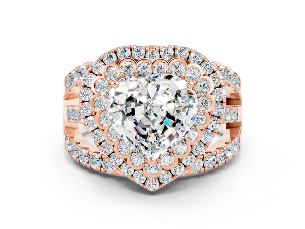 Rose gold Heart Cut Moissanite Double Halo Ring with Round Pavé Split Shank and Prong Setting