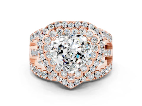Rose gold Double Halo Heart Cut Diamond Split Shank Pave Set Ring