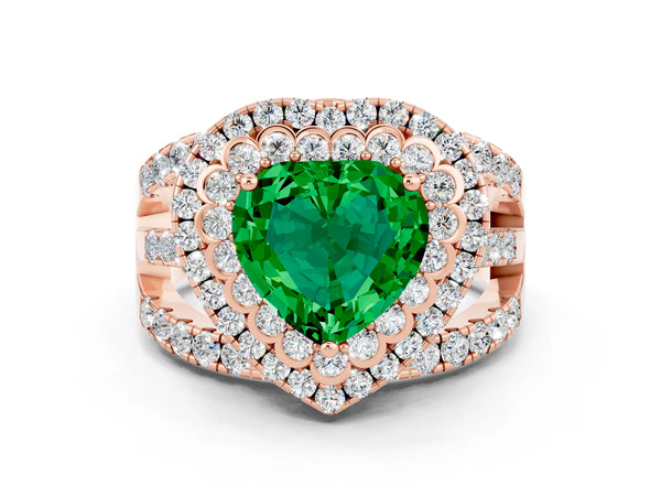 Rose gold Heart Cut Emerald Double Halo Ring with Round Pavé Split Shank and Prong Setting