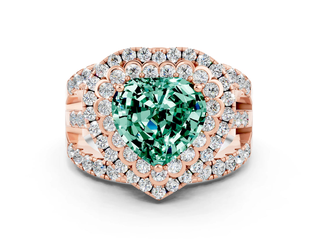 Rose gold Double Halo Heart Cut Diamond Split Shank Pave Set Ring